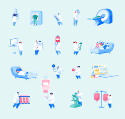 Hospital Healthcare Staff Set. Male Female Doctors, Nurses Characters with Medical Stuff and Equipment Isolated on White Background. Medicine Profession, Occupation. Cartoon People Vector Illustration