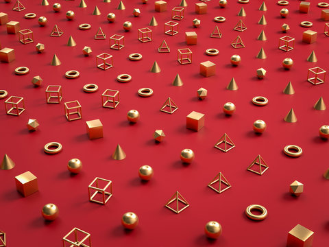 Golden geometrical shapes and forms on red apper background. 3d render. Perfect illustration for placing your text or object. 
