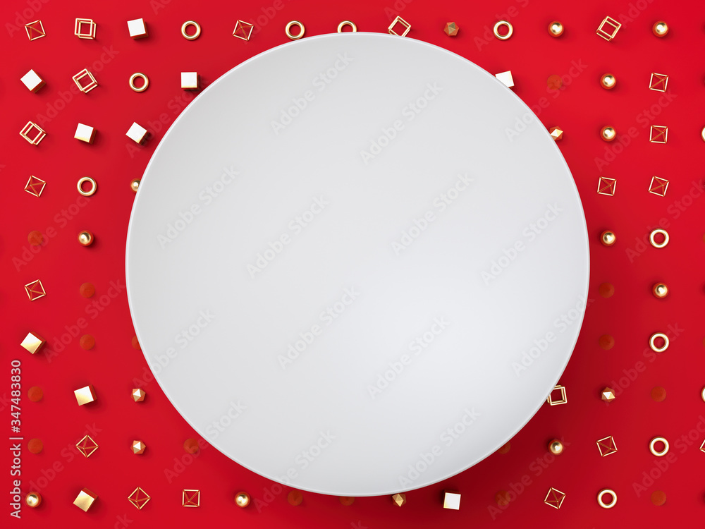 Poster white blank round frame or banner over golden shapes and figures on red background. place your text 