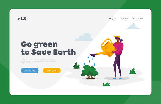 Global Heating Impact Landing Page Template. Woman Volunteer Character Care of Plant Watering from Can on Nature. Gardening Hobby, Global Warming, Environment Pollution. Cartoon Vector Illustration