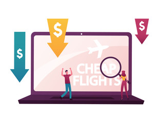 Lowcoster Cheap Flight, Economy Travel, Tourism, Special Offer Cost Airline Discounter. Tiny Characters Buying Airplane Tickets Online in Internet Analysing Prices. Cartoon People Vector Illustration