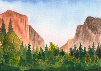 Stock watercolor painting of Yosemite Valley mountainsin the western Sierra Nevada . The Valley form spectacular rock formations, creating dazzling photo opportunities and thrilling nature overs.