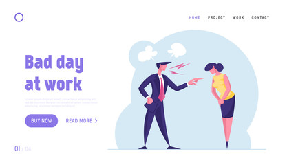 Stress Situation in Office Landing Page Template. Angry Boss Characters Scolding Incompetent Female Employee. Dissatisfied Ceo Shout on Businesswoman at Workplace, Cartoon People Vector Illustration