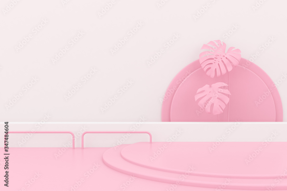 Aufkleber minimal abstract scene with round podium and pink monstera plant, architectural mock up design with 
