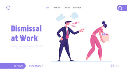 Firing, Dismissal Landing Page Template. Sad Girl with Carton Box Walking Out of Office with Angry Boss Pointing to Exit. Woman Employee Character Fired From Job. Cartoon People Vector Illustration