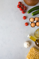 Set of grocery items on white background. Internet order of nutrition. Food delivery. Contactless online order of goods from the store. Takeaway products. Flat lay, copy space, white background