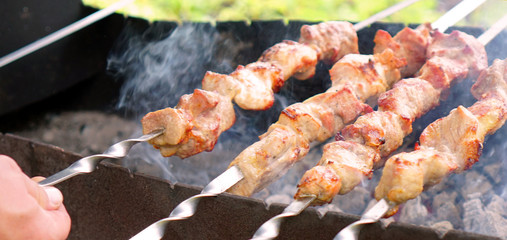 Cooking barbecue meat on charcoal. A hot dish of lamb, pork, turkey, chicken. Hot coals for barbecue and grill. Rest at nature