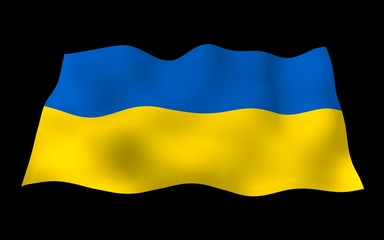 The flag of Ukraine on a dark background. National flag and state ensign. Blue and yellow bicolour. 3D illustration waving flag