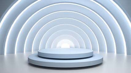 Abstract scene with round blue stage, pedestal or podium in light tunnel over blue background. Place your object or product on pedestal. 3d render