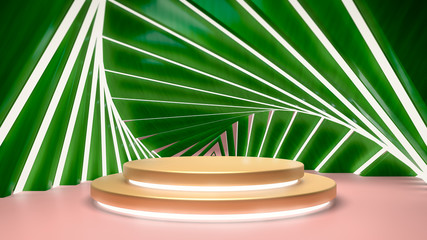 Abstract tropical background with golden stage, podium or pedestal over green abstract palm leaves.Use for cosmetics, food, beverage, entertainment and fashion. 3d illustration.