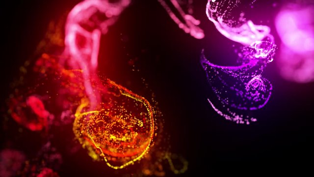 injection of fluorescent red violet ink in water in 4k. 3d render of glow particles in ink flow. Luma matte as alpha channel. Background of shiny ink effect advection. 19