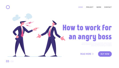 Businessman Worker in Stress Situation Landing Page Template. Angry Furious Boss Character Yelling at Male Employee Scolding for Incompetent Work Bullying in Office. Cartoon People Vector Illustration