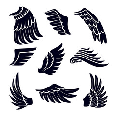 Wings Black Silhouettes Icons Set Isolated on White Background. Birds or Angel Emblem Design Elements. Tattoo or Insignia, Decorative Feather Badges, Monochrome Simple Drawing. Vector Illustration