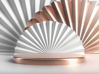 Golden and copper stage,podium or pedestal over white paper and copper fans in studio. Perfect image for fashion, clothes or cosmetics. Place your object or product on pedestal. 3d render