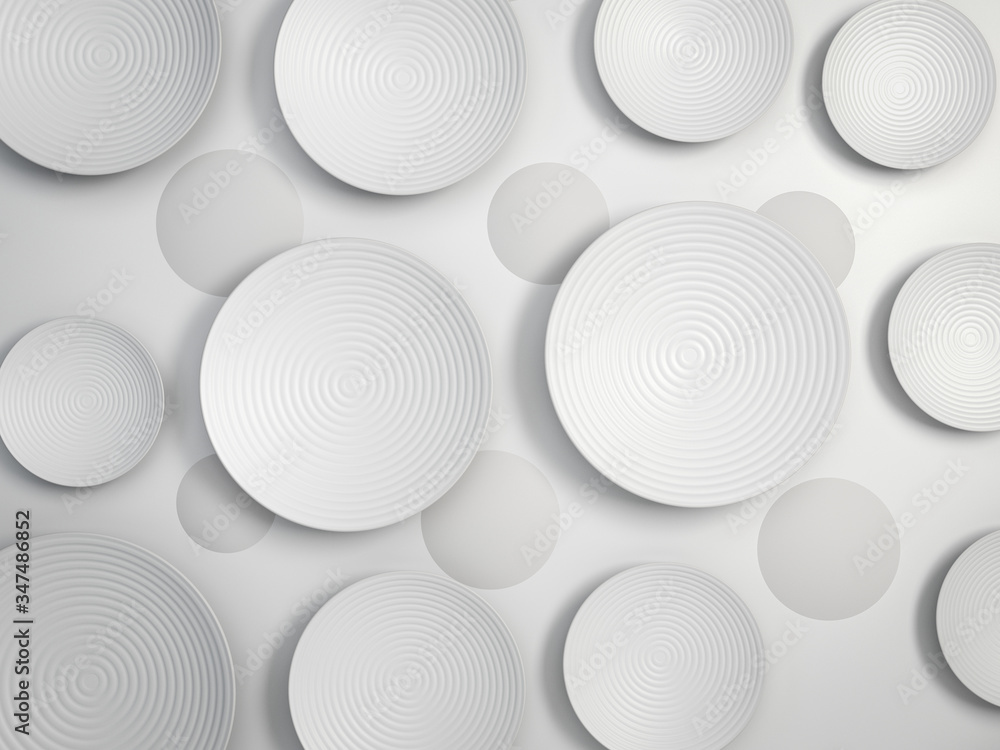 Poster white round disks or plates over white paper background. abstract 3d render in minimalism style