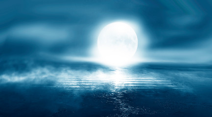 Naklejka na ściany i meble Night seascape. Dark landscape with a marine background and sunset, moon. Abstract night landscape in blue light. Reflection of the moon in the night water. Empty futuristic landscape.