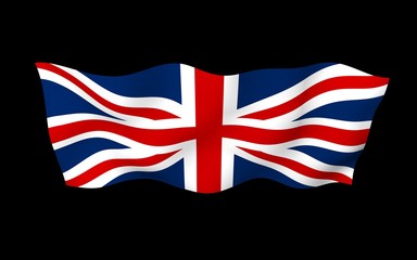 Waving flag of the Great Britain on dark background. British flag. United Kingdom of Great Britain and Northern Ireland. State symbol of the UK. 3D illustration