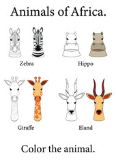 Coloring. Page of a children's educational book. Black and white cartoon african animals and color swatches. Land, hippo, giraffe and zebra.
