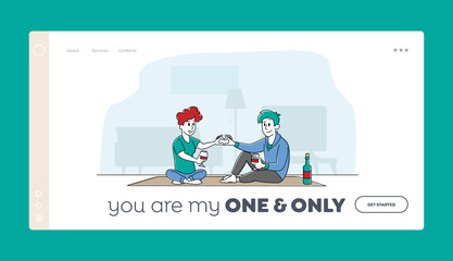 Obraz na płótnie Canvas Weekend Evening, Love, Flirting Sparetime Landing Page Template. Young Loving Couple Characters Spend Time at Home Together Chatting Drink Wine Make Heart of Fingers. Linear People Vector Illustration