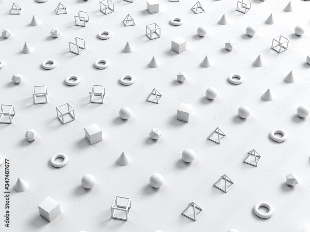 Fototapete White geometrical shapes and forms on white paper background. Perfect illustration for placing your text or object. Backdrop with copyspace in minimalistic style. 3d render