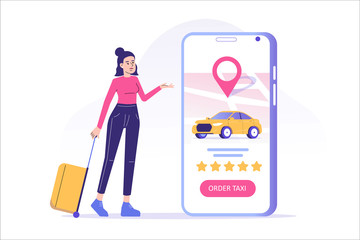 Online taxi ordering concept. Young woman standing with suitcase, ordering taxi or renting car online with smartphone app service. App screen with car and location pin on map. Vector illustration 