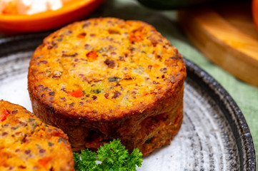 Tasty vegetarian food, burgers with Greek feta cheese, sweet red paprika, green olives and zucchini