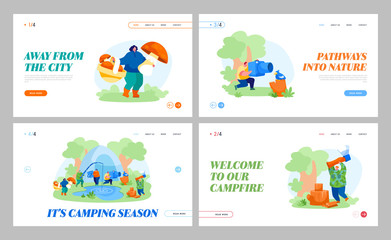 People Camping Hobby, Spare Time Landing Page Template Set. Male Female Characters Having Rest on Nature Fishing, Taking Pictures, Pick Up Mushrooms, Chopping Woods. Cartoon Vector Illustration