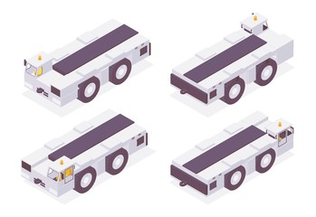Isometric airport tow truck with trailer pusher for aircraft in various foreshortening