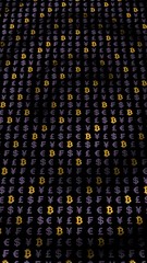Bitcoin and currency on a dark background. Digital crypto currency symbol. Wave effect, currency market fluctuations. Business concept. 3D illustration
