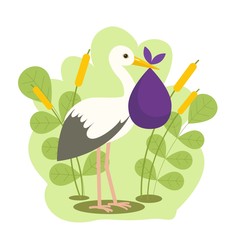 Card with the image of a stork and a bag with a baby. vector illustration
