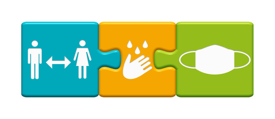 Button zeigt: Bitte Abstand halten, Hände waschen und Maske tragen