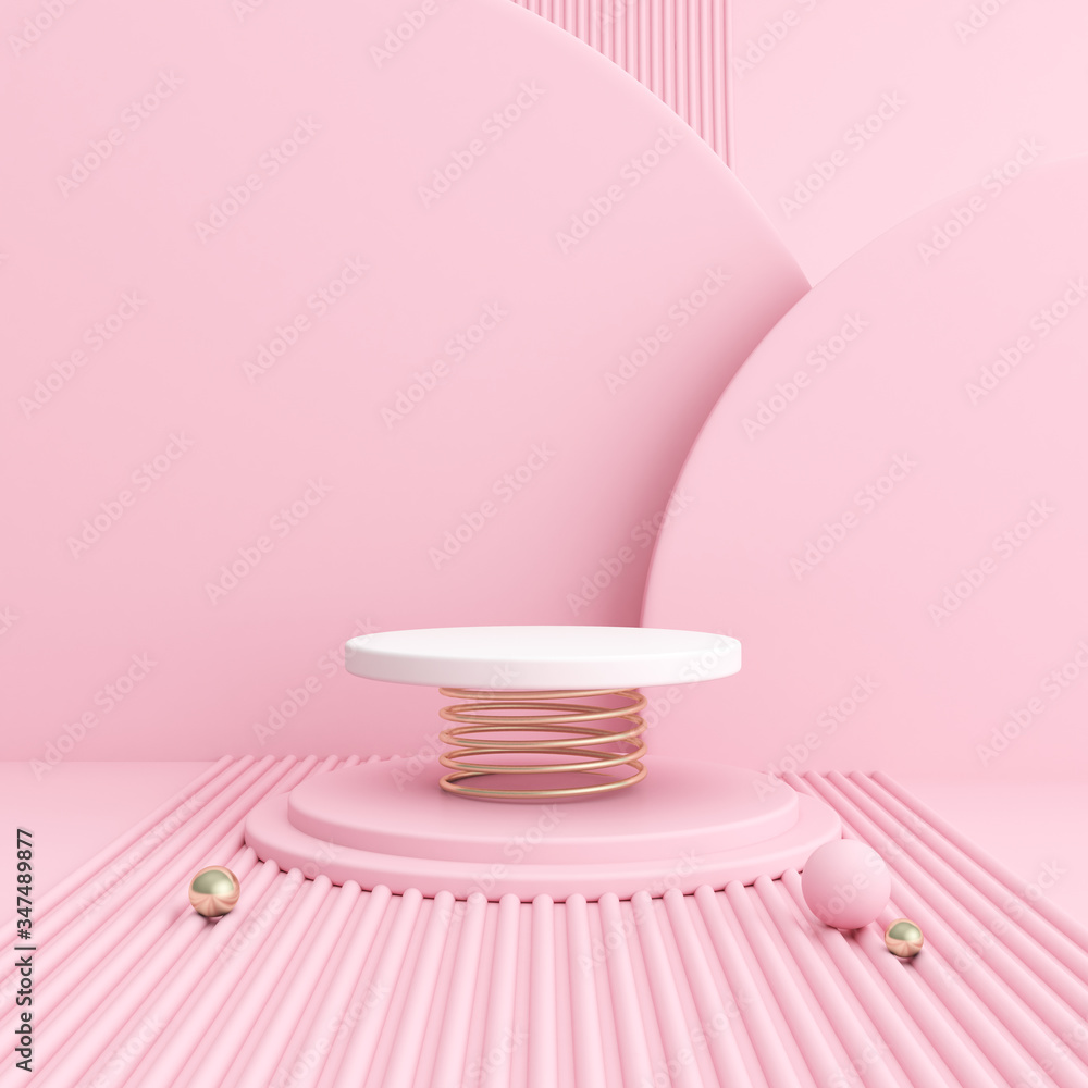 Aufkleber Minimal abstract scene with round empty  podium with gold spring , Architectural mock up design with geometric form in pastel color, Product presentation. 3D rendering.