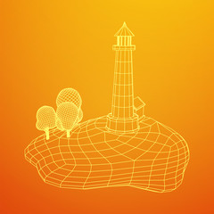 Lighthouse on rock stones island landscape. Navigation Beacon building. Wireframe low poly mesh vector illustration.