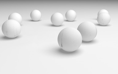White abstract background. Set of white balls isolated on white backdrop. 3D illustration