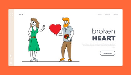 Unrequited Love Landing Page Template. Loving Man Giving Huge Red Heart to Woman Rejecting his Feelings Saying No. Couple Characters Relationship, People Dating and Parting. Linear Vector Illustration