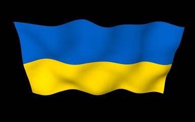 The flag of Ukraine on a dark background. National flag and state ensign. Blue and yellow bicolour. 3D illustration waving flag