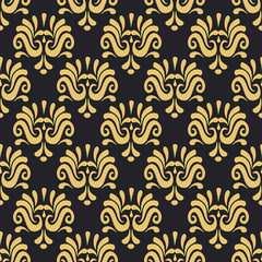 Damask background seamless pattern. Gold on a black background, decorative wallpaper texture for your design. Vector graphics.