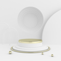 Minimal abstract scene with round gold podium, Architectural mock up design with geometric form in pastel color, Product presentation. 3D rendering.