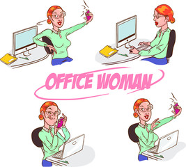 Girl taking selfie at the office. Vibrant color vector illustration.