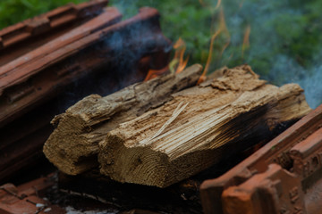 firewood burns in the fire