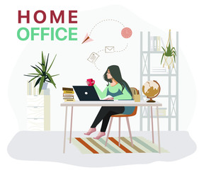 Working at home, coworking space, concept illustration. Young people freelancers working on laptops and computers at home. People at home in quarantine. Vector flat style illustratio