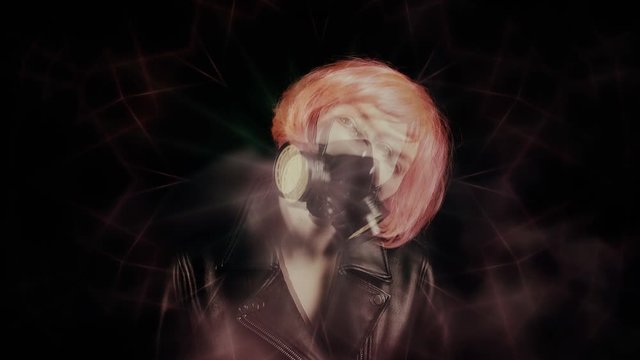 Dance girl in cyberpunk style with a chemical mask. Post-apocalyptic and hallucinatory theme. Toxic smoke with neon lights.
