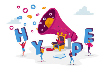 Hype Concept. Tiny Male and Female Characters with Huge Letters in Hands and Megaphone. King on Throne with Money. Social Media Viral or Fake Content Spreading. Cartoon People Vector Illustration