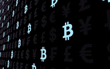 Bitcoin and currency on a dark background. Digital crypto currency symbol. Business concept. Market Display. 3D illustration