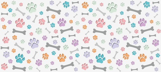 Seamless endless pattern of traces of dog paws. Dog legs and bones. Children's colorful warm design. Blue, orange, purple, mint colours on gray background.