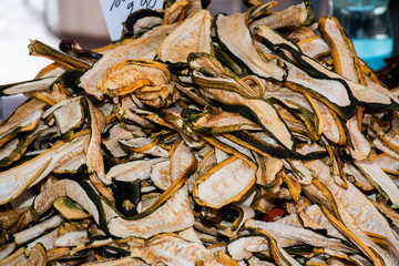 Nice, France, 24th of February 2020: Dry mushrooms for sale at market: boletus edulis, pleurotus