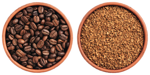 Roasted coffee beans and instant granular coffee in a bowl isolated on a white background. View from above.