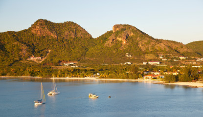 Fototapeta na wymiar Caribbean Bay With Boats And Hills, Antigua