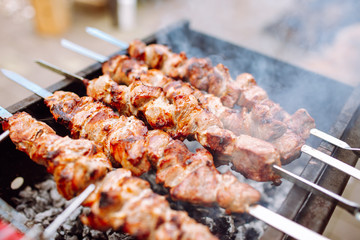 Bbq kebab grilling on open grill, outdoor kitchen. food festival in city.