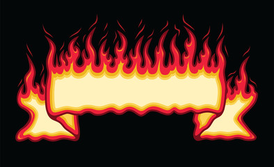 Fire Flame Banner Straight Scroll is an illustration of an straight scroll flaming fire banner with open space for you to add your own text. Great promotional image for firefighters and cookouts.